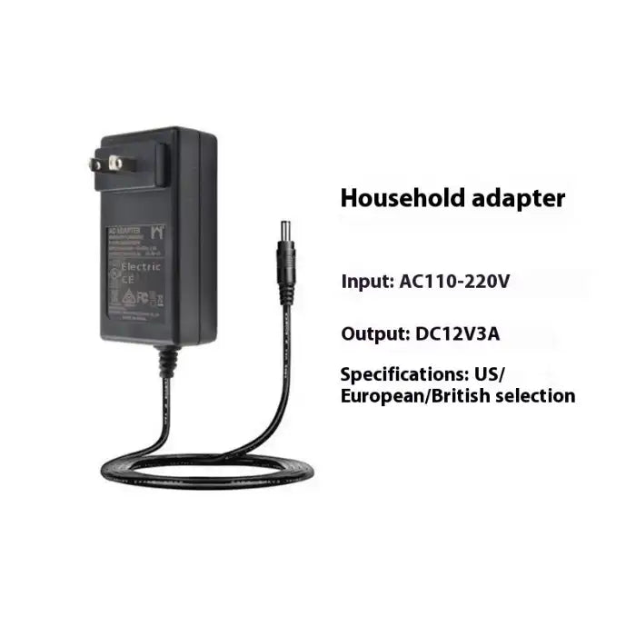Power adapter for Car Heating Cooling Cup with universal voltage input and output details for various regions.