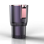 Sleek purple-black Car Heating Cooling Cup with rose gold button design, isolated on white background.