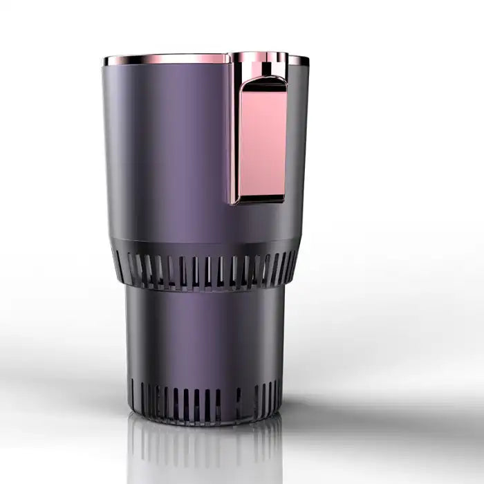 Sleek purple-black Car Heating Cooling Cup with rose gold button design, isolated on white background.