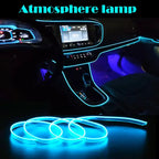 Car interior LED lights in blue illuminating dashboard, console, and footwell for ambient glow effect