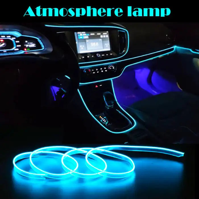 Car interior LED lights in blue illuminating dashboard, console, and footwell for ambient glow effect