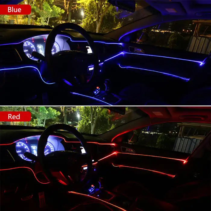 Car interior LED lights in red and blue colors outlining dashboard and doors during nighttime