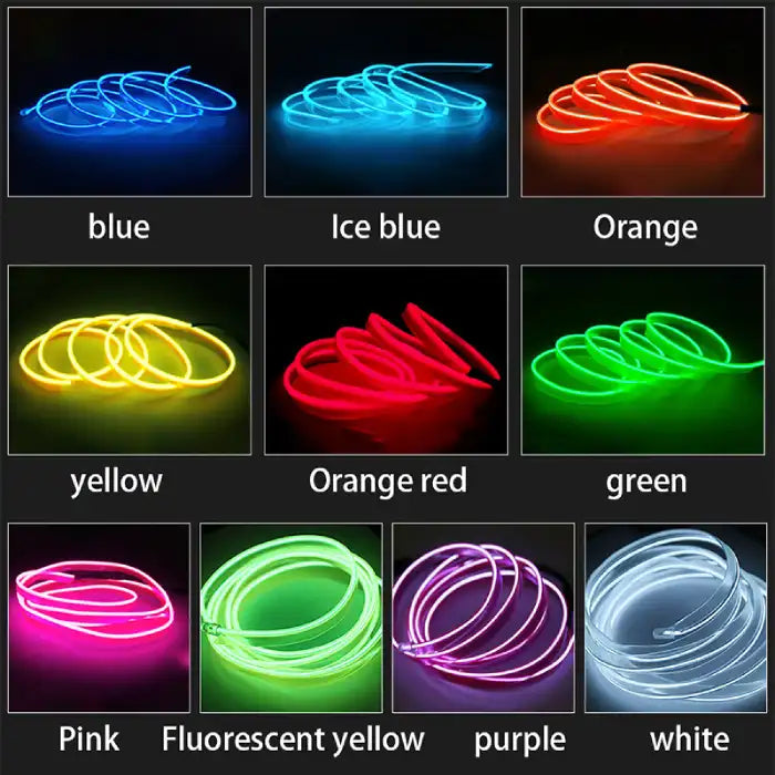Various car interior LED lights in different colors including blue, red, green, pink, and white