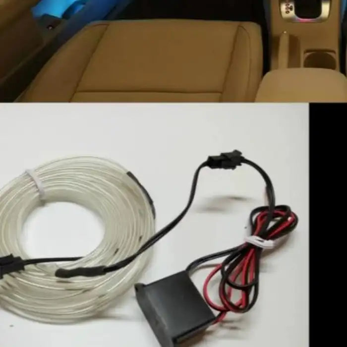 LED light kit with wiring and white strip for car interiors, placed on table with background install view