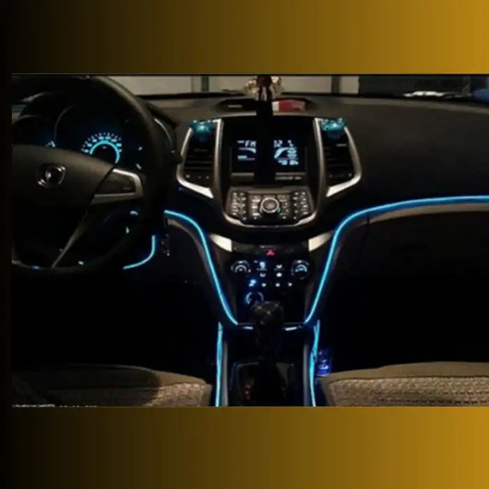 Blue LED strips outlining car dashboard and console during nighttime with glowing light effect