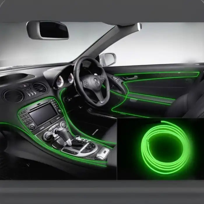 Green LED strips installed in car interior featuring dash, console, and preview of light reel