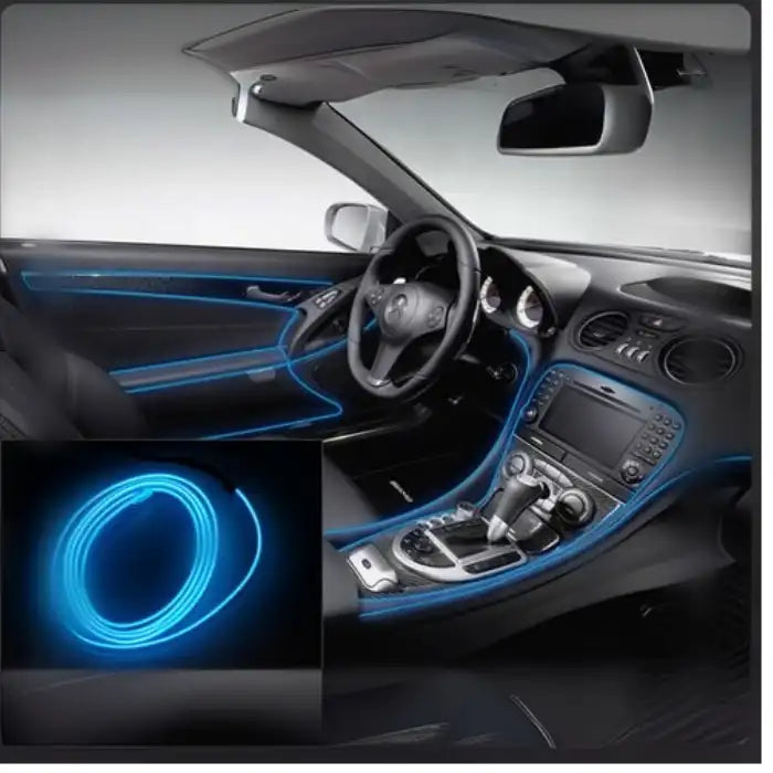 Ice blue LED light kit shown illuminating car interior with matching bundled wire roll