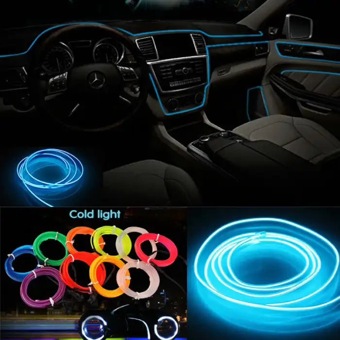 Multi-color car interior LED lights shown with coils and installed in a luxury vehicle dashboard
