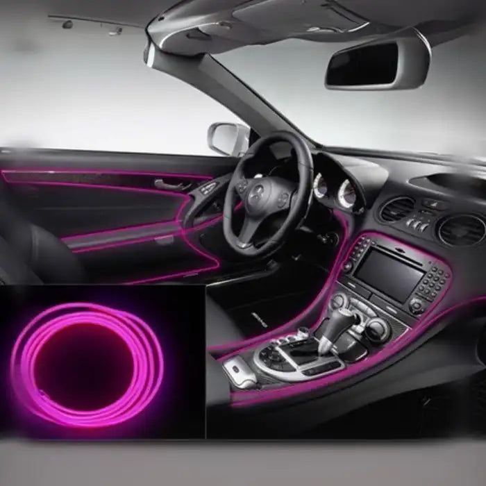 Pink car LED glow strips outlining interior contours with kit previewed in bottom corner