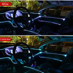 Car interior LED lights in crystal blue and white installed along dashboard and door trims