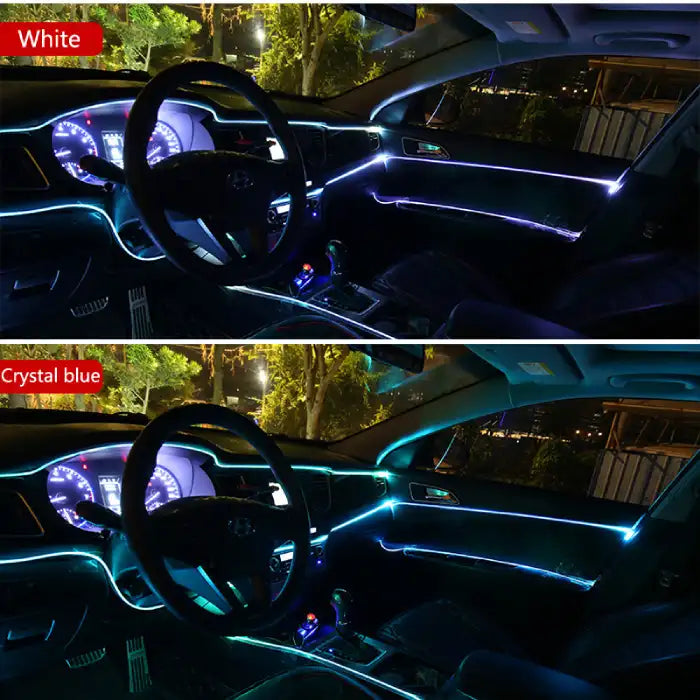Car interior LED lights in crystal blue and white installed along dashboard and door trims