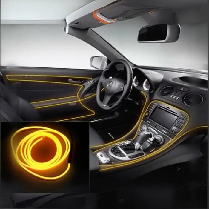 Car interior LED lights in yellow illuminating dashboard, console, and doors with coiled strip shown