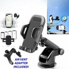 Car phone mount with air vent adapter and suction cup for dashboard or windshield installation.