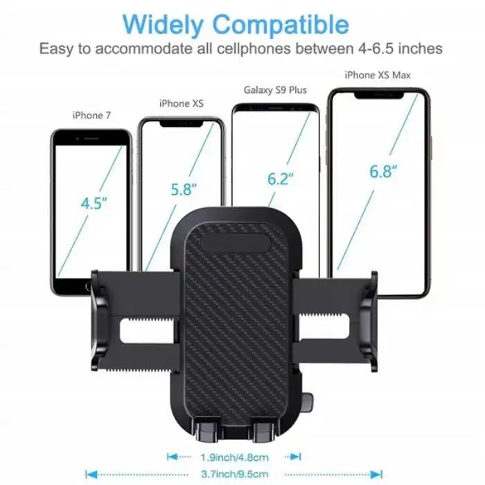 Car phone mount compatible with various phone sizes ranging from 4.5 to 6.8 inches wide.