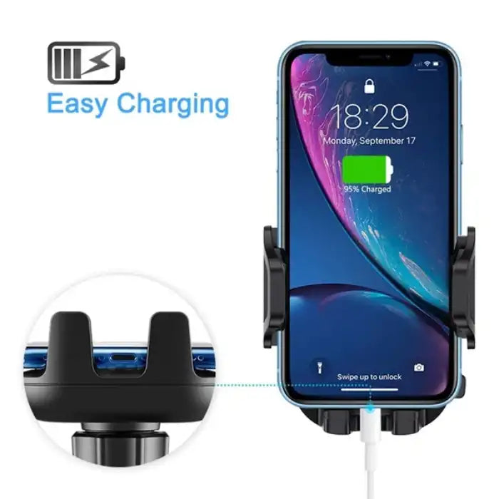 Car phone mount showing easy access for charging while device is secured in holder.