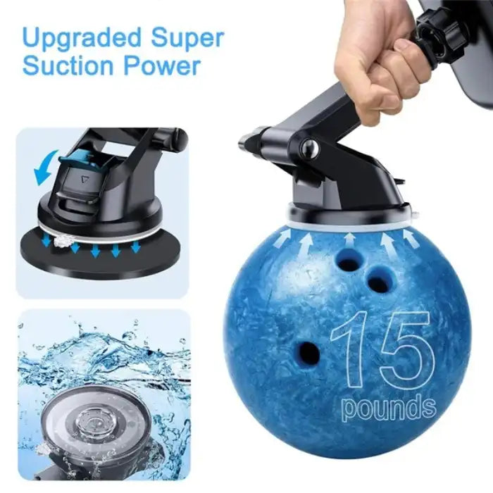 Car phone mount lifting 15-pound bowling ball with strong suction cup grip.