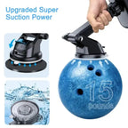Car phone mount lifting 15-pound bowling ball with strong suction cup grip.