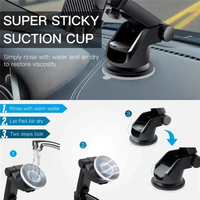 Car phone mount suction cup cleaning guide showing rinse, dry, and locking process for reuse.
