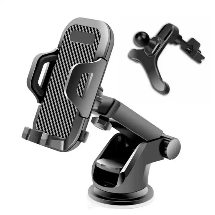 Car phone mount with included air vent clip and adjustable suction base for secure mounting.