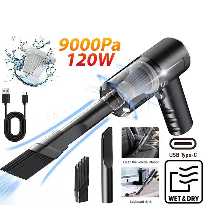 Car vacuum cleaner with 9000Pa suction power, USB Type-C and wet dry functionality for car interiors.