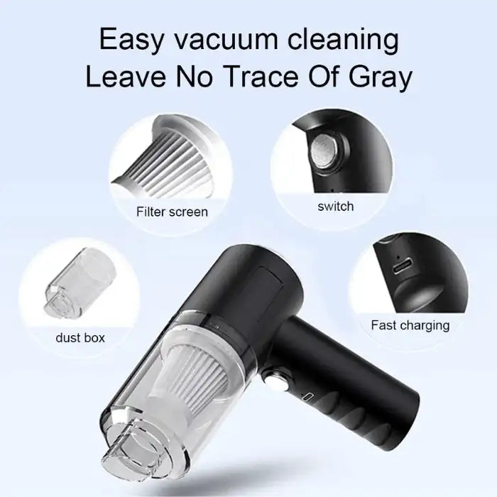 Car vacuum cleaner with dust box, filter screen, fast charging and easy switch operation.