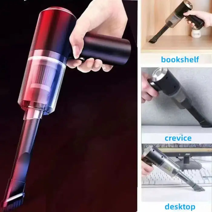 Car vacuum cleaner shown cleaning bookshelf, crevice, and desktop areas with narrow nozzle.
