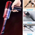 Car vacuum cleaner shown cleaning bookshelf, crevice, and desktop areas with narrow nozzle.