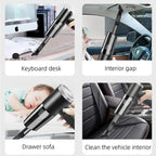 Car vacuum cleaner used on desk, vehicle interior, drawer sofa and car gap with various nozzles.