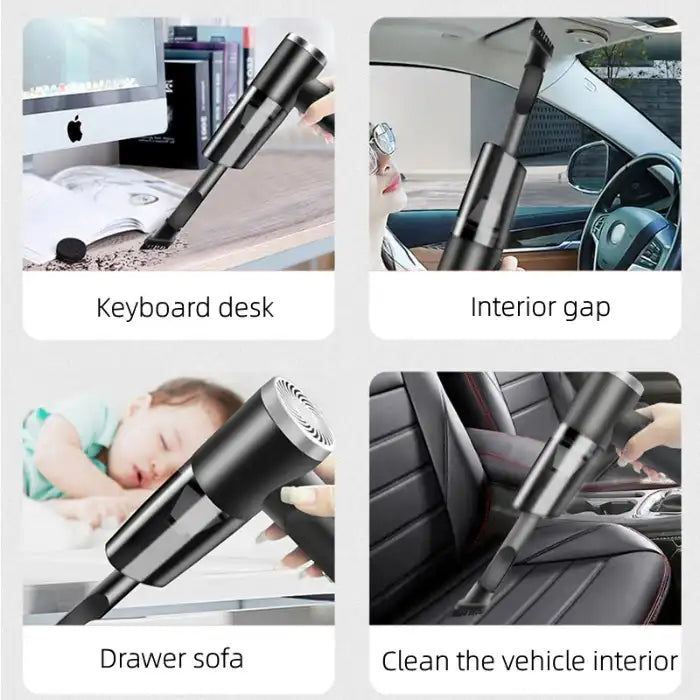 Car vacuum cleaner used on desk, vehicle interior, drawer sofa and car gap with various nozzles.