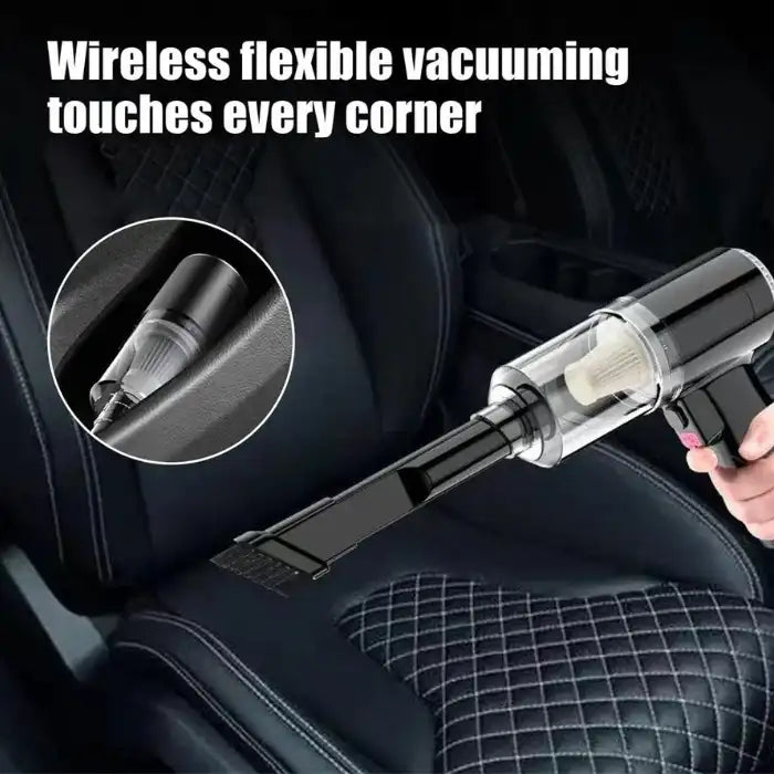 Wireless car vacuum cleaner cleaning car seat crevices and hard-to-reach corners.