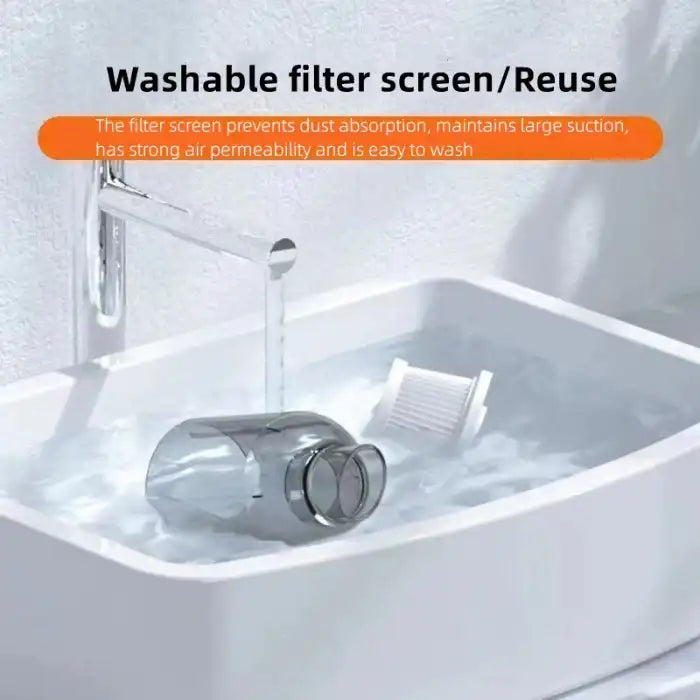 Car vacuum cleaner with washable filter screen submerged in water for easy reuse and cleaning.