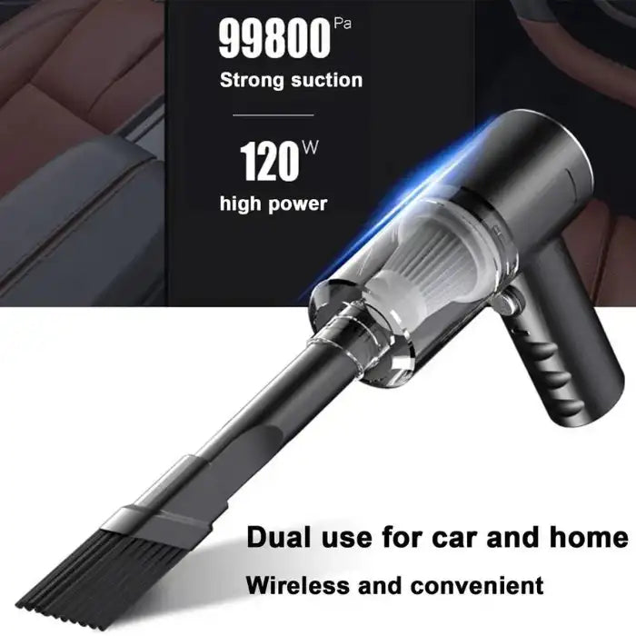 Wireless car vacuum cleaner with 99800Pa strong suction and 120W power for versatile use.