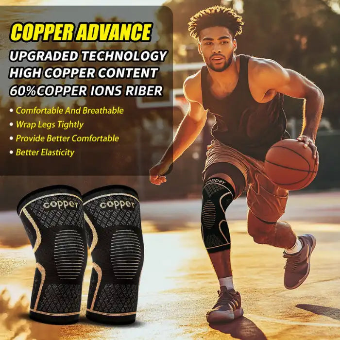 Copper knee compression sleeve used by basketball player for support, breathability, and muscle recovery.