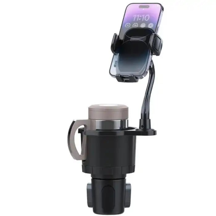 .cup phone holder with flexible gooseneck and phone mounted in car's cup holder console