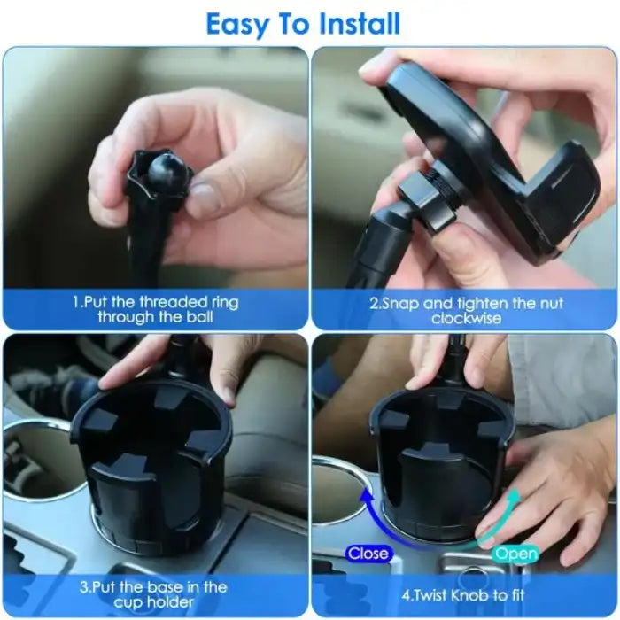 cup phone holder easy four-step installation shown for car cup holder setup
