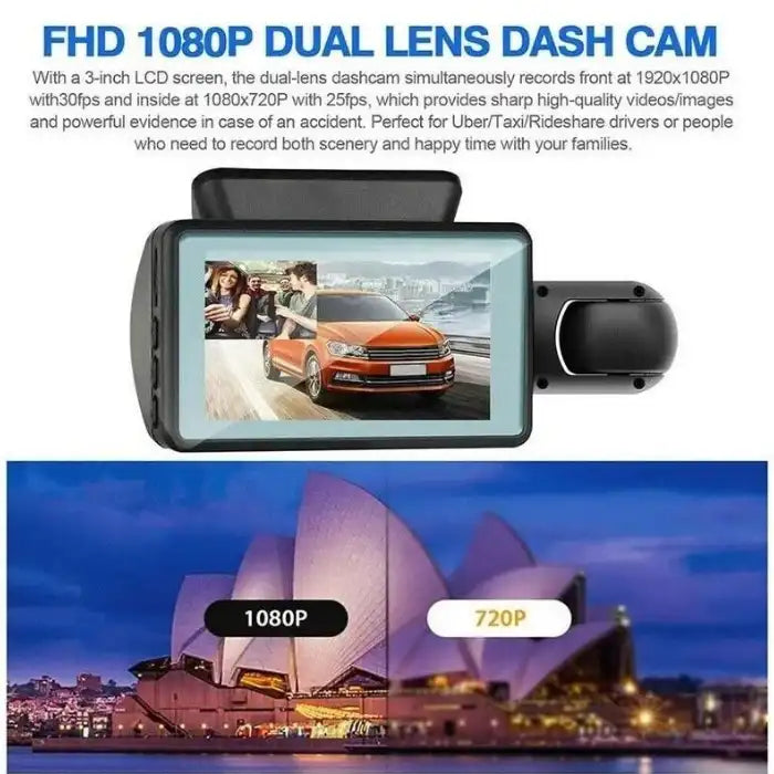 Dashboard Cam screen showing 1080P versus 720P video resolution comparison with vivid outdoor imagery