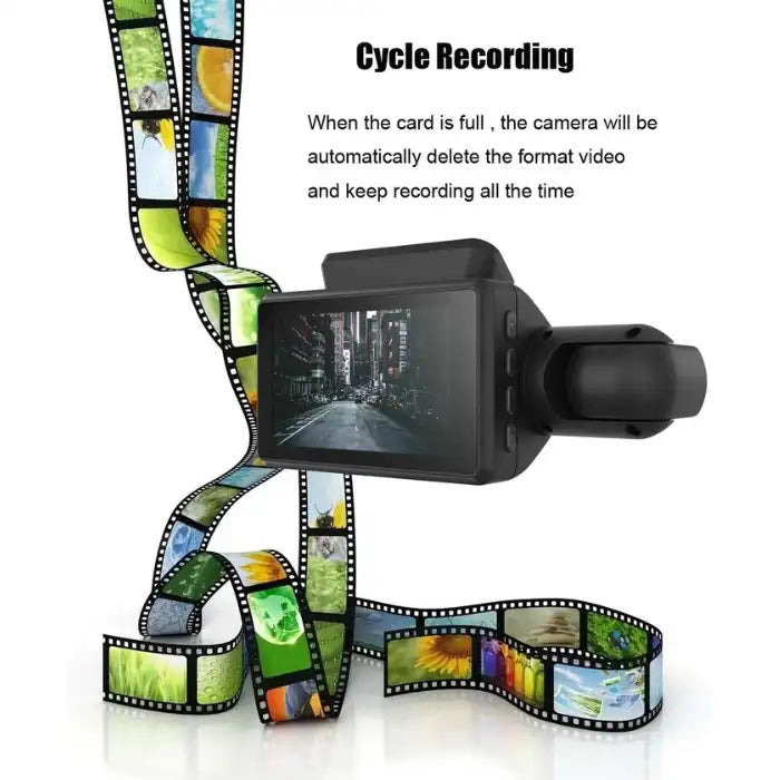 Dashboard Cam showing film reel animation with auto cycle recording feature on a city road display.