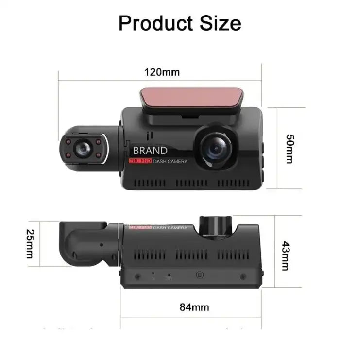 Dashboard Cam product dimensions showing front and side measurements in millimeters for reference.