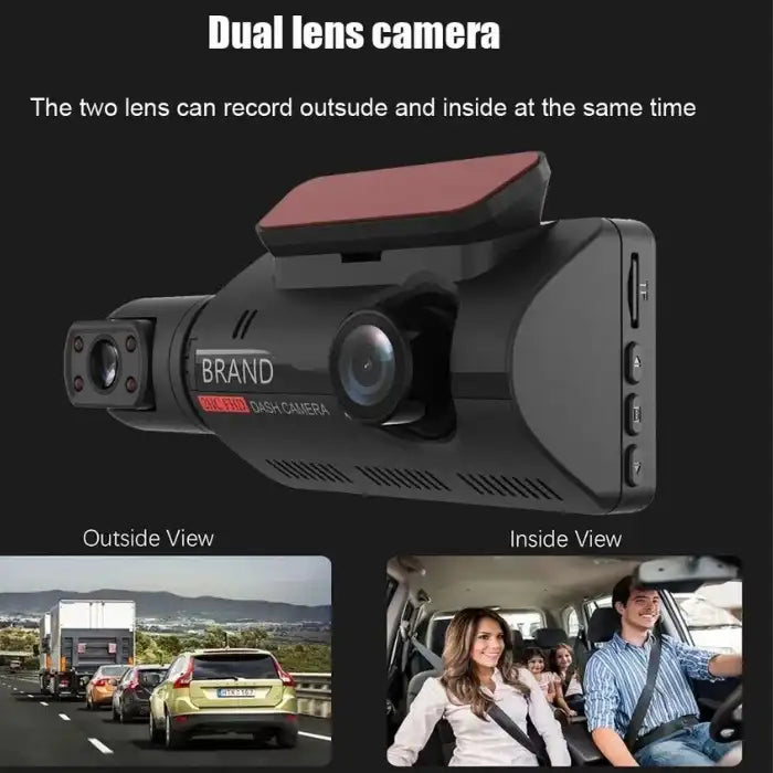 Dashboard Cam dual-lens view showing both inside passenger cabin and outside traffic at the same time.