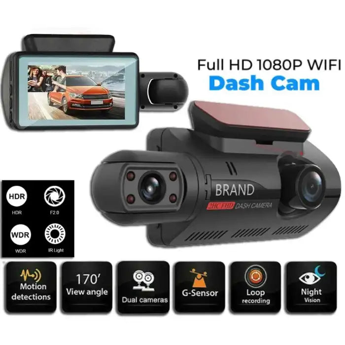 Dashboard Cam with 1080P HD, dual lens, G-Sensor, loop recording, and night vision features shown clearly.