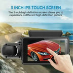 Dashboard Cam with 3-inch IPS touchscreen showing red car while a finger interacts with the display.