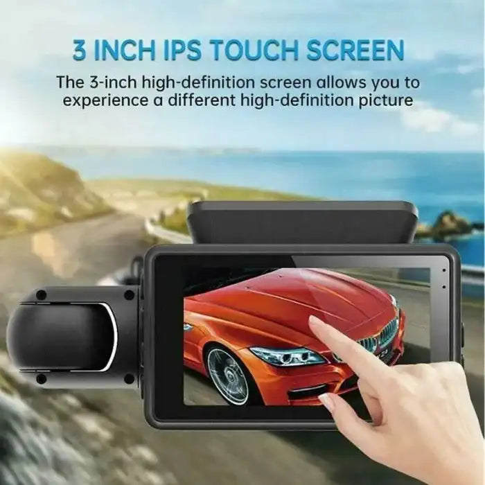 Dashboard Cam with 3-inch IPS touchscreen showing red car while a finger interacts with the display.