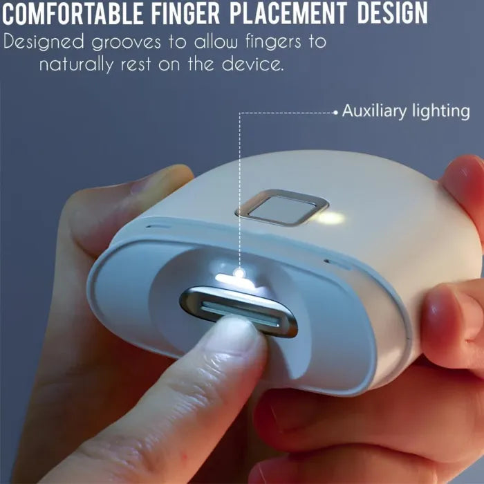 Electric baby nail trimmer with comfortable finger placement grooves and auxiliary lighting design
