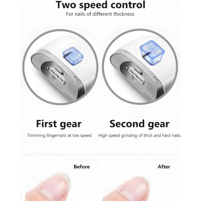Electric baby nail trimmer with two speed settings for fingernails and thick nails before and after.