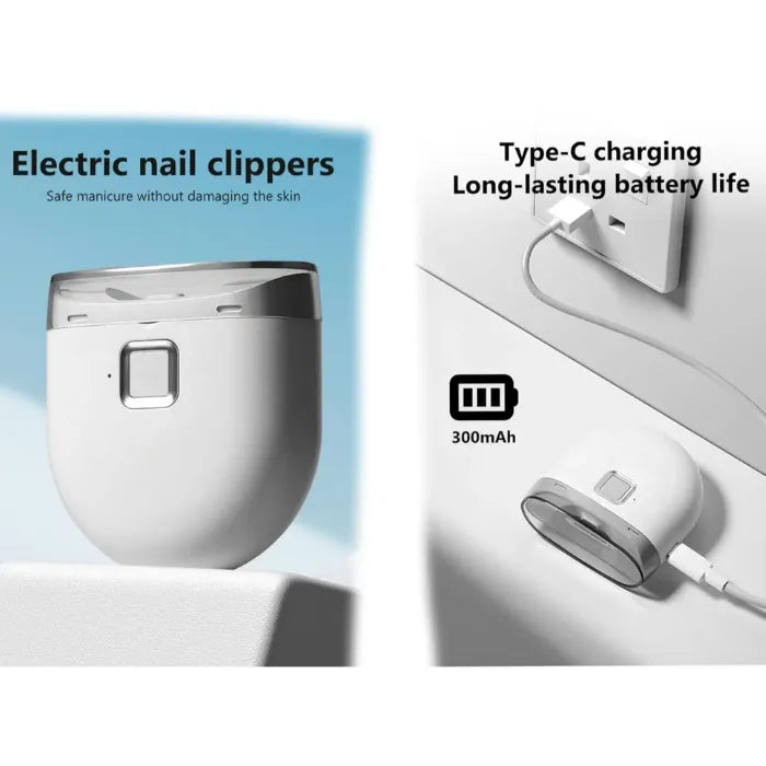 Electric baby nail trimmer with Type-C charging, 300mAh battery, and long-lasting safe performance.