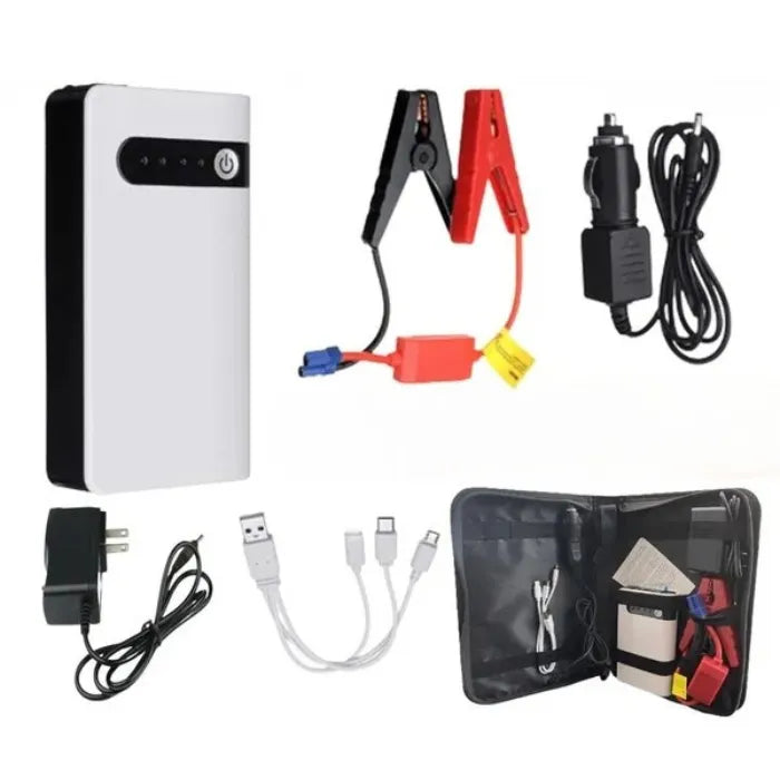 Emergency car battery jump starter kit displayed with clamps, chargers, and organized case.
