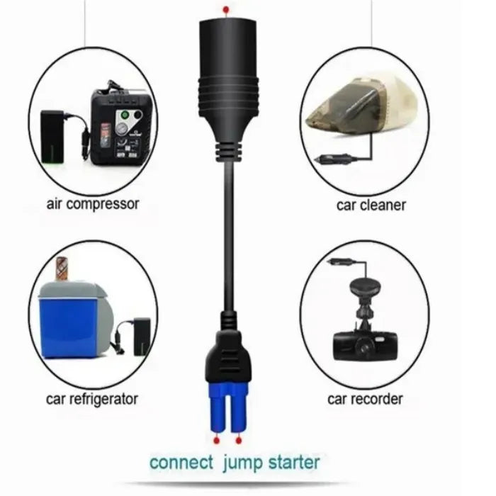Emergency car battery jump starter kit adapter for connecting car devices like cleaner and dashcam.