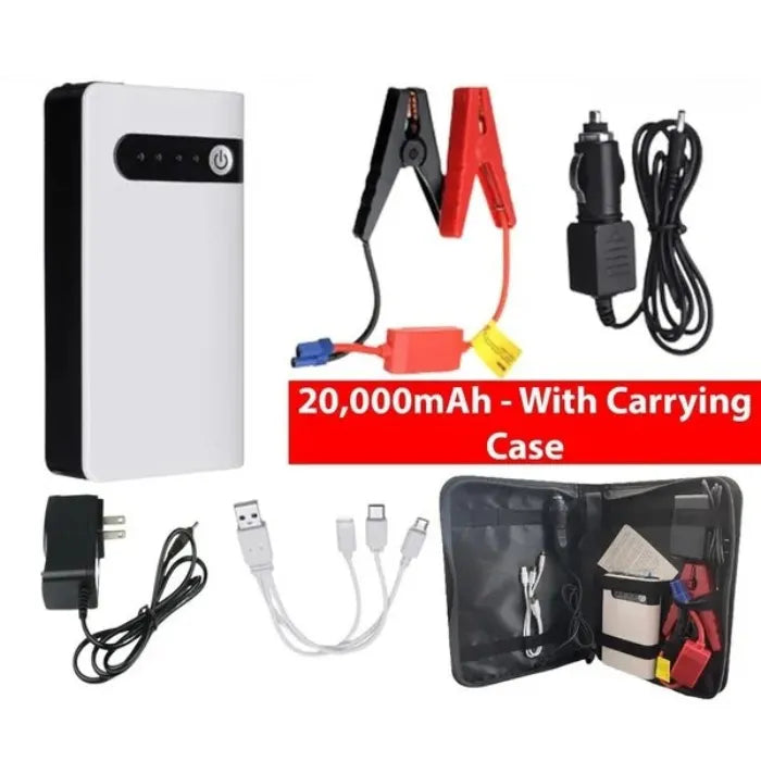 Emergency car battery jump starter kit with compact carrying case and complete accessories.
