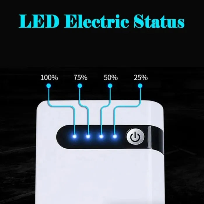 Emergency car battery jump starter kit LED indicators showing electric charge status levels.