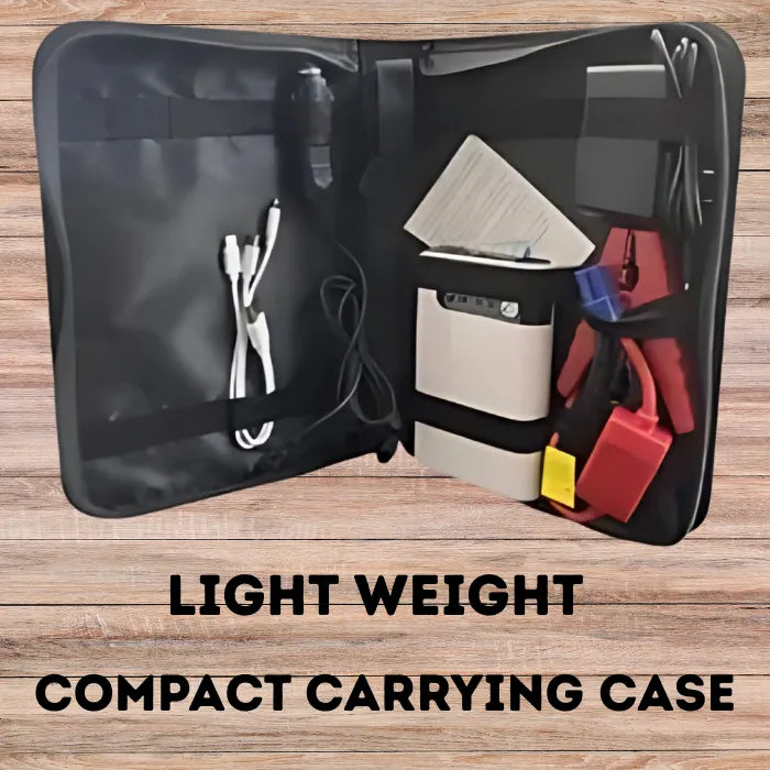 Emergency car battery jump starter kit neatly stored in lightweight compact carrying case.